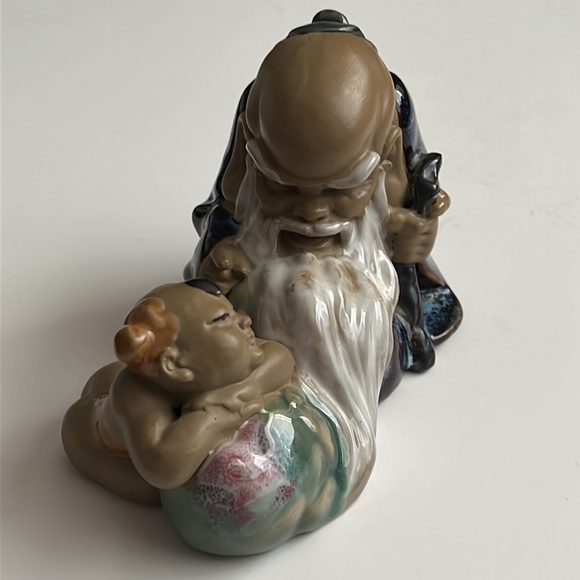Old Chinese Dynasty Wu Cai Porcelain‎ Feng Shui Tong Zi Kid Boy Peach Statue 7” - Picture 9 of 9